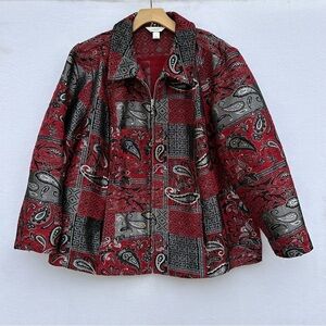 CJ BANKS Plus Size Red & Silver Metallic Shiny Zip Front Jacket Blazer Top 3x